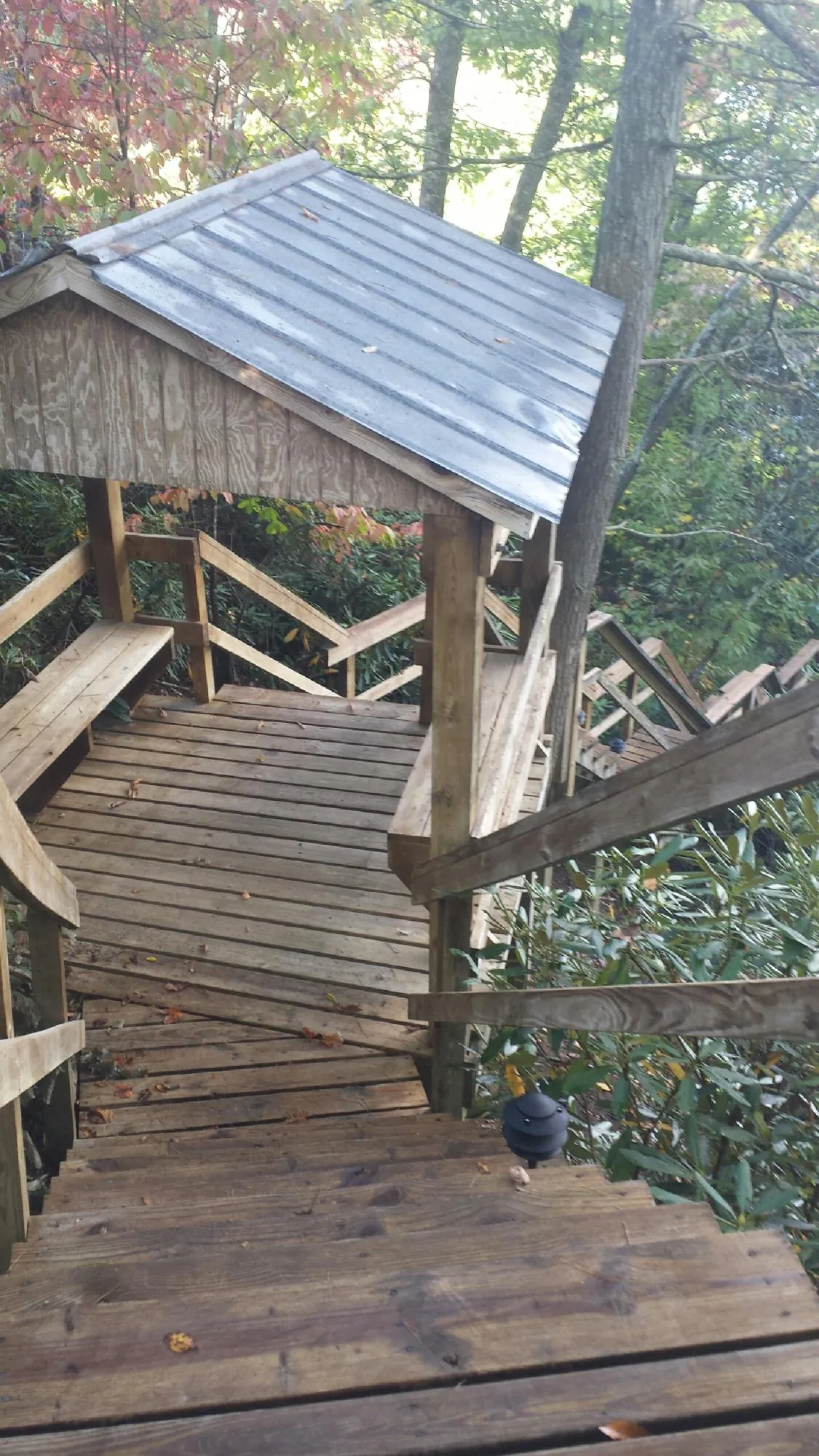 Metal roofed shelter over wooden steps on a wooded walkway — Skylight Repair & Installation work by our crew in Archie